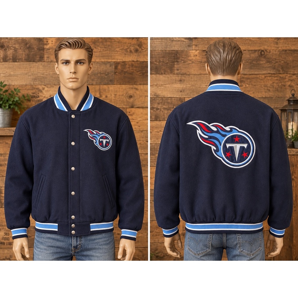 NFL Tennessee Titans Varsity Bomber Jacket Navy Blue Embroidered Large